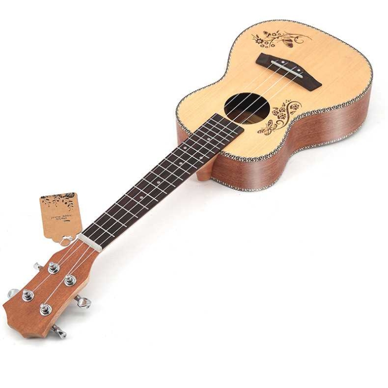 Spruce and sapele ukulele with butterfly engraving on body